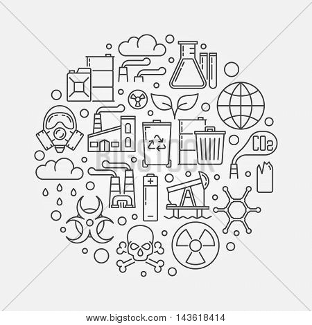 Pollution outline illustration. Vector ecological disaster concept round symbol. Global environmental pollution sign in thin line style