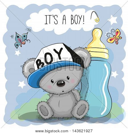 Cute Cartoon Teddy bear boy with feeding bottle