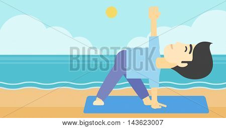 An asian young man standing in yoga triangle pose. Man meditating in yoga triangle position on the beach. Man doing yoga on nature. Vector flat design illustration. Horizontal layout