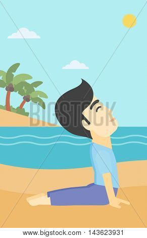 An asian young man practicing yoga upward dog pose. Man meditating in yoga upward dog position on the beach. Man doing yoga on nature. Vector flat design illustration. Vertical layout.