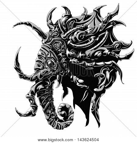 calm elephant in heavy armor, symbolizes the chess piece