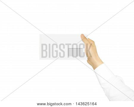White blank envelope mock up holding in hand. Empty post document design mockup. Clear email display presentation in hands. Postcard template ready for your logo identity design. Closed, front layout.
