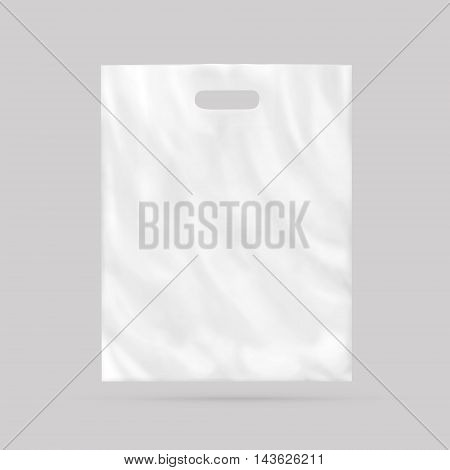 Blank plastic bag mock up isolated 3d illustration. Empty white polyethylene package mockup. Consumer pack ready for logo design or identity presentation. Commercial product food packet handle. Sale packaging mock-up