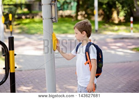 Schoolboy With Backpack Pressing A Button On Traffic