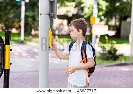 Schoolboy With Backpack Pressing A Button On Traffic