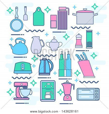 Line icons set with flat design elements of kitchen appliances set utensils and kitchenware cooking food preparation frying pan microwave oven and coffee machine electric mixer toaster electric kettle blender.