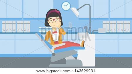 An asian young female patient sitting in dental chair at dentist office. Sad woman suffering from tooth pain. Woman having a toothache. Vector flat design illustration. Horizontal layout.
