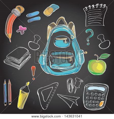 Welcome Back to School Classroom Supplies Notebook Doodles Hand-Drawn Illustration Design Elements, Freehand drawing, Vector. blackboard background.