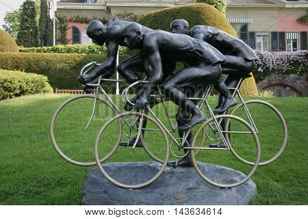 LAUSANNE SWITZERLAND - MAY 03 2009: Cyclists sculpture by Gabor Mihaly at Olympic museum in Lausanne Switzerland