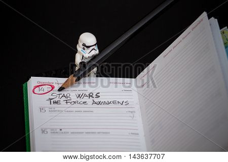 Orvieto Italy - November 22th 2015: Group of Star Wars Lego Stormtroopers minifigures repair a spaceship Lego is a popular line of construction toys manufactured by the Lego Group