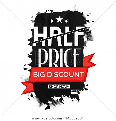 Half Price Sale with Big Discount Offer, Creative Poster, Banner, Flyer or Ribbon design, Vector illustration.