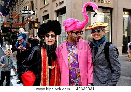 New York City - April 20 2014: Three friends sporting their Easter finery at the Easter Parade on Fifth Avenue