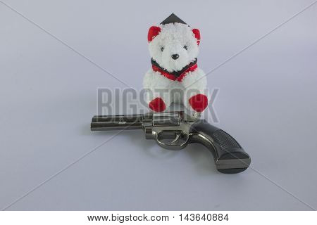 Pistol Revolver Handgun and bear Isolated On White Background.