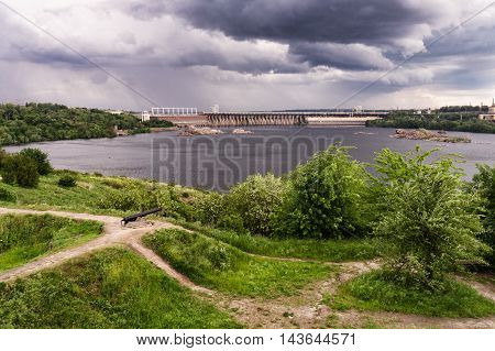 view of the Hydro power station on the island of Khortytsya Zaporozhye region Ukraine