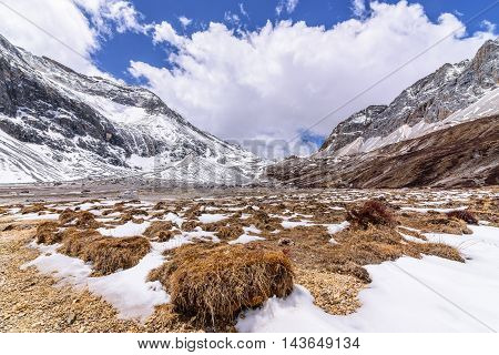 Meadow brown on the snow mountain with clouds and blue sky background.