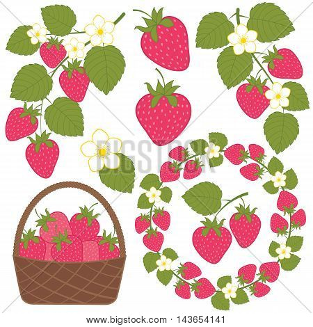 Vector strawberry set with basket branch and wreath