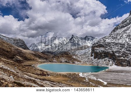 Milk lake on the snow mountains in Yading, China.