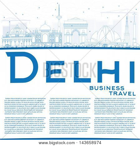 Outline Delhi Skyline with Blue Buildings and Copy Space. Vector Illustration. Business Travel and Tourism Concept with Historic Buildings. Image for Presentation Banner Placard and Web Site.