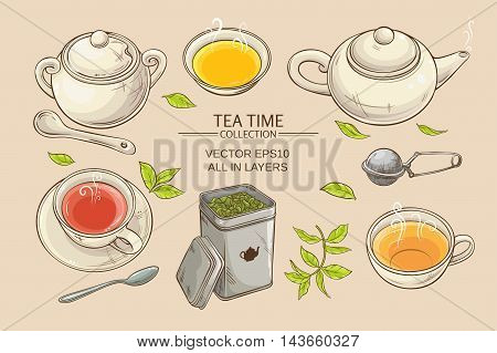 Vector set with cups teapot sugar bowl tin packaging and tea strainer on color background