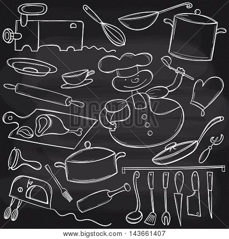 Vector doodle cooking set on chalkboard background