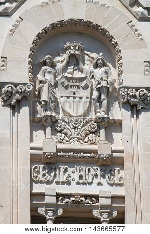 PALMA DE MALLORCA SPAIN - MAY 23: Gran Hotel facade on May 23 2012 in Palma de Mallorca Spain. The building was finished in 1903 and represents one of the most important examples of modernism on the island with a facade richly decorated with sculptures an