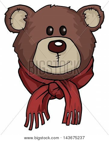Teddy bear portrait, with warm red scarf, vector illustration