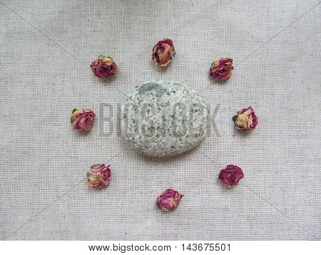Dry rose flowers and stone on linen background