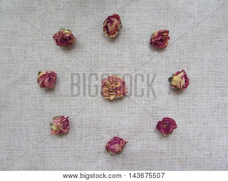 Set of dried rosebuds  on linen background