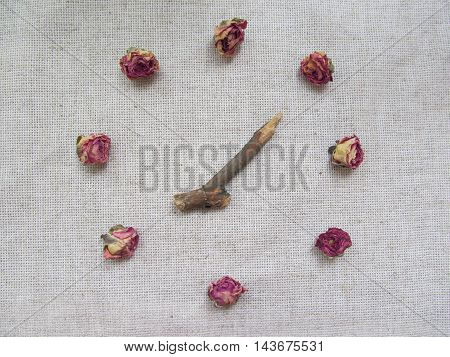 Clock made from dry tearose buds and stick on linen background