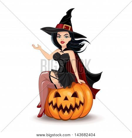 Beautiful witch in a black dress with tutu skirt sitting on a pumpkin isolated on a white background