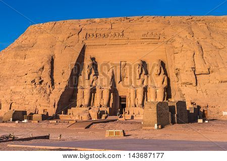 The Great Temple of Ramesses II on the sunrise, Abu Simbel, Egypt