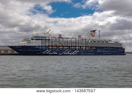 Southampton/UK. 21st August 2016. Cruise Ship Mein Schiff 1 is moored up at Southampton docks awaiting departure on a European Cruise.