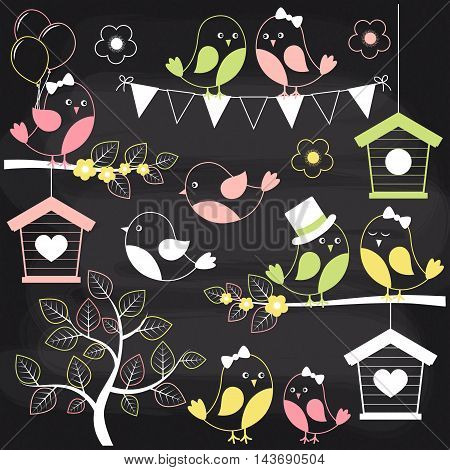 Vector chalkboard birds with birdhouses and branches