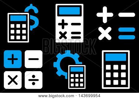 Calculator glyph icons. Pictogram style is bicolor blue and white flat icons with rounded angles on a black background.