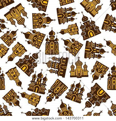 Russian orthodox church seamless background. Vector wallpaper with pattern of Russia national monastery for souvenirs, print, advertising, t-shirt, textile, easter