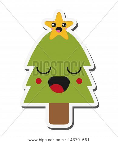 flat design kawaii christmas tree icon vector illustration