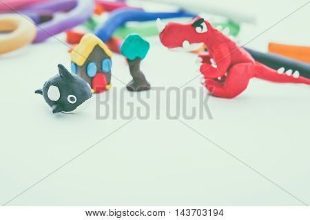 Creative Dinosaur, Whale, House And Tree Clay Model. Play Dough Animal. Vintage Tone Effect.