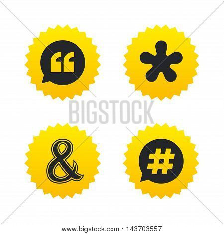 Quote, asterisk footnote icons. Hashtag social media and ampersand symbols. Programming logical operator AND sign. Speech bubble. Yellow stars labels with flat icons. Vector