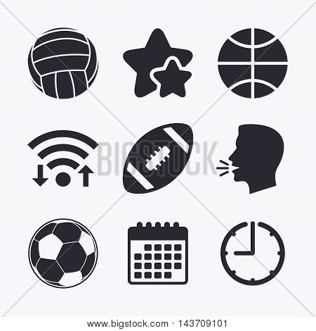 Sport balls icons. Volleyball, Basketball, Soccer and American football signs. Team sport games. Wifi internet, favorite stars, calendar and clock. Talking head. Vector