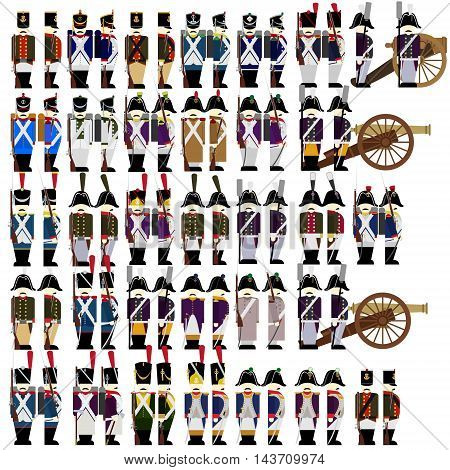 French Army soldiers in uniforms and weapons were used in the 1812 war. The illustration on a white background.