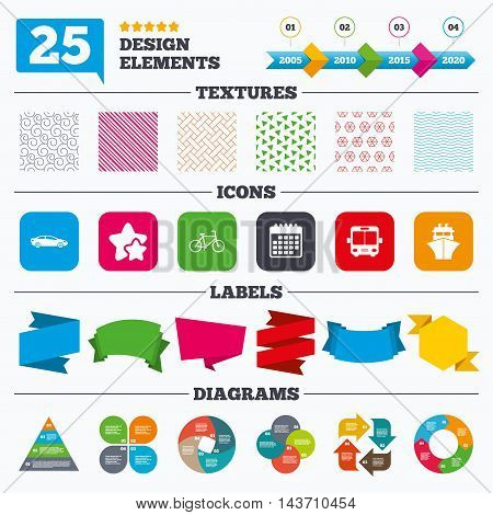 Offer sale tags, textures and charts. Transport icons. Car, Bicycle, Public bus and Ship signs. Shipping delivery symbol. Family vehicle sign. Sale price tags. Vector