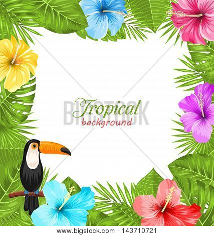 Illustration Tropical Background with Toucan Bird, Colorful Hibiscus Flowers Blossom and Green Leaves - Vector