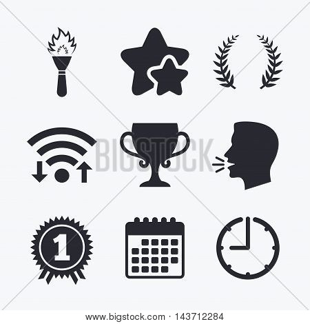 First place award cup icons. Laurel wreath sign. Torch fire flame symbol. Prize for winner. Wifi internet, favorite stars, calendar and clock. Talking head. Vector