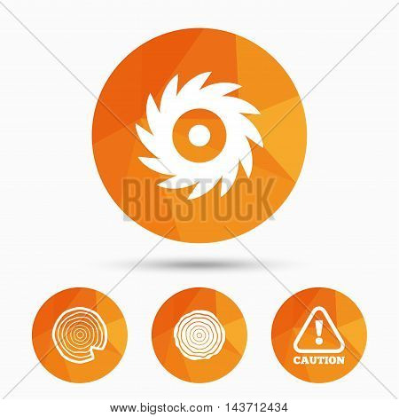 Wood and saw circular wheel icons. Attention caution symbol. Sawmill or woodworking factory signs. Triangular low poly buttons with shadow. Vector