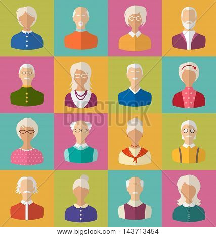 Illustration Old People of Faces of Women and Men of Grey-headed. Heads of Pensioners. Avatars. Flat Icons - Vector