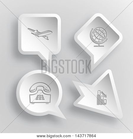 4 images: airliner, globe, push-button telephone, graph degress. Business set. Paper stickers. Vector illustration icons.