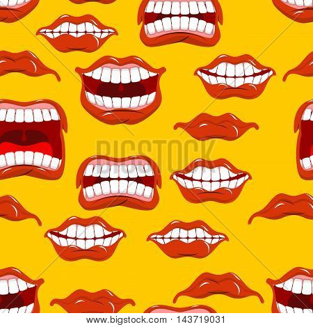Mouth Emotions Seamless Pattern. Red Lips Ornament. Background Of Different Expressions Of Lip. Shou