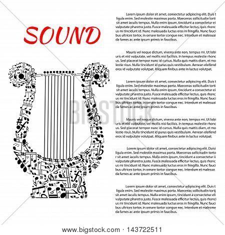 Musical poster. Music, philharmonic, opera, concert leaflet or brochure template for placard, book, catalogue, announce, exhibition. Harp symbol made of musical notes, staff treble clefs