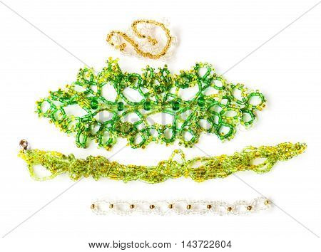 woven beaded jewelry made of green glass beads