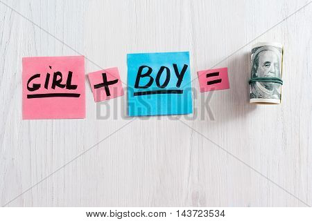 Girl plus boy equals money composition, copy space. Top view on pink and blue stickers with text and pack of money on white wooden background, free space. Concept of expence having a baby